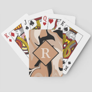 Monogrammed Black Brown Cream Marble Swirl Pattern Playing Cards