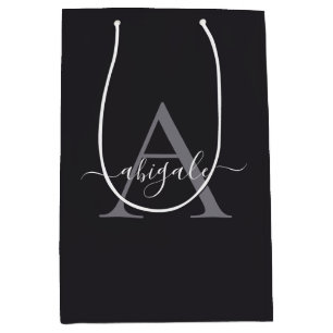 Monogrammed Black Charcoal Grey Minimal Elegant Medium Gift Bag
