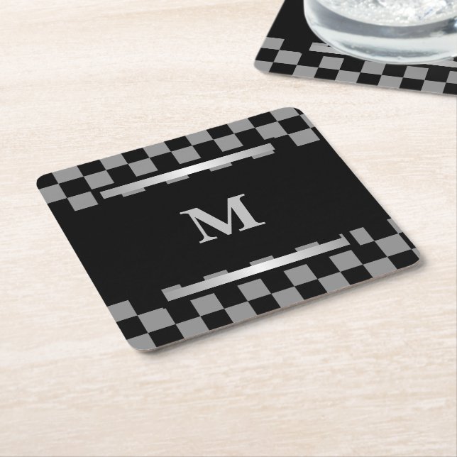 Monogrammed Black Checkered Paper Coaster (Angled)
