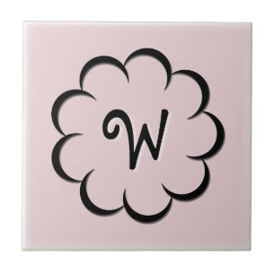 Monogrammed Black Flower on Light Dusty Rose Tile