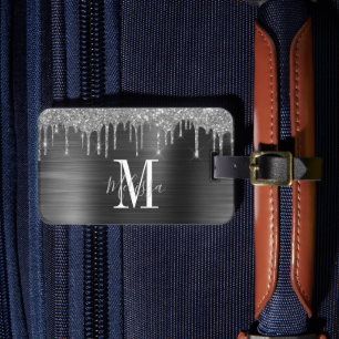 Monogrammed Black Glitter Drip Metal Luggage Tag