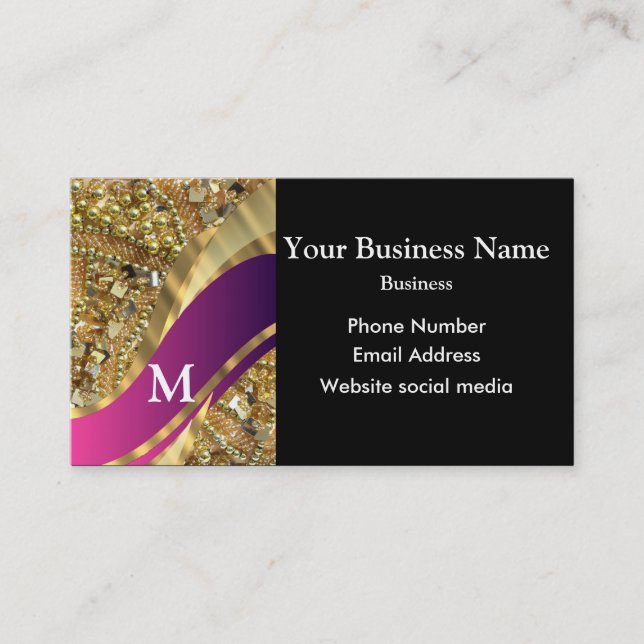 Monogrammed black gold and pink pattern business card (Front)