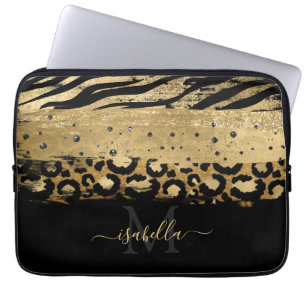 Monogrammed Black Gold Elegant Script Gold Laptop Sleeve