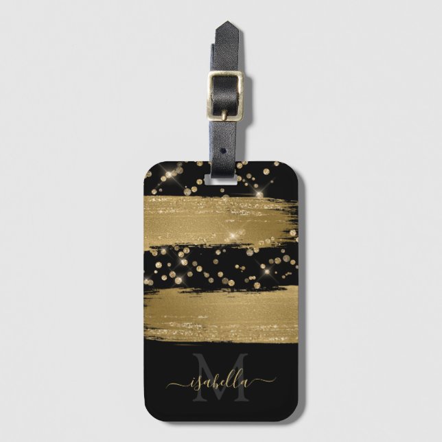 Monogrammed Black Gold Script Black Gold Luggage Tag (Front Vertical)