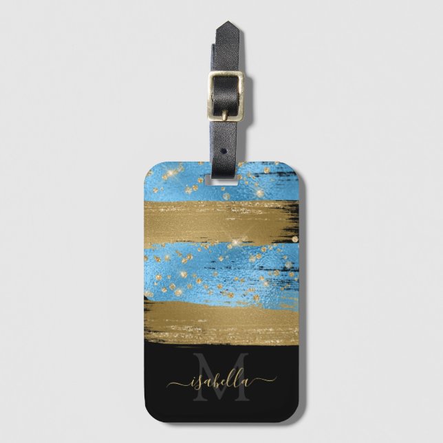 Monogrammed Black Gold Script Blue Gold Luggage Tag (Front Vertical)