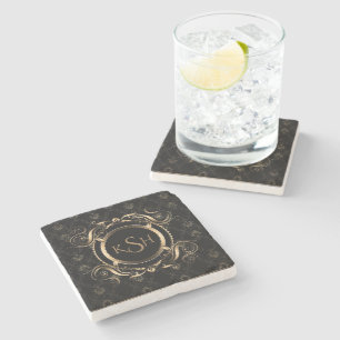 Monogrammed Black & Gold Swirly Circle Frame USB C Stone Coaster