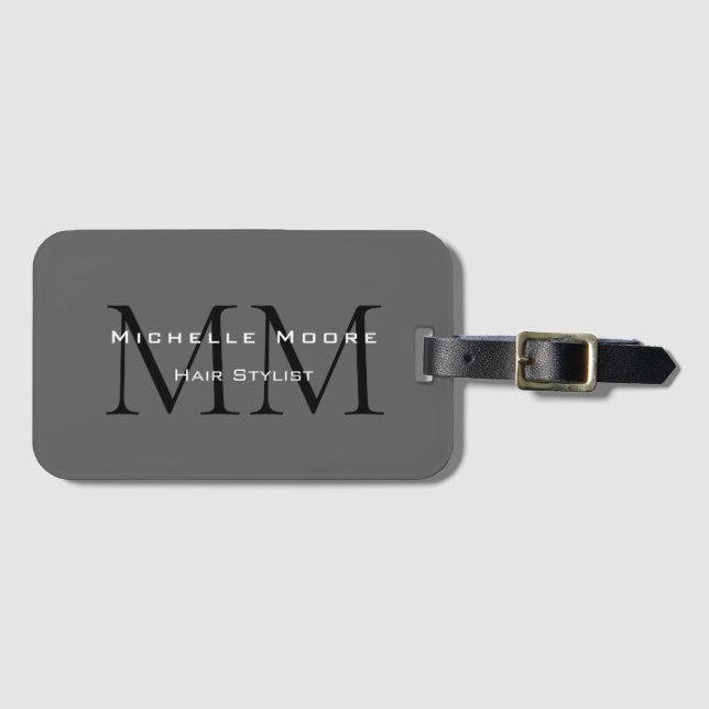 Monogrammed Black Grey Calligraphy  Luggage Tag (Front Horizontal)