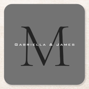 Monogrammed Black Grey Calligraphy Wedding Square Paper Coaster
