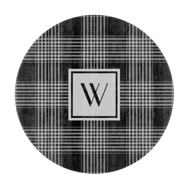Monogrammed Black & Grey Chequered Plaid Pattern Cutting Board (Front)