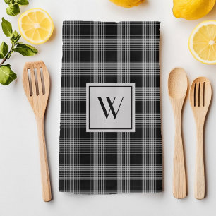 Monogrammed Black & Grey Chequered Plaid Pattern Tea Towel