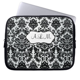 Monogrammed Black, Grey Damask Laptop Sleeve
