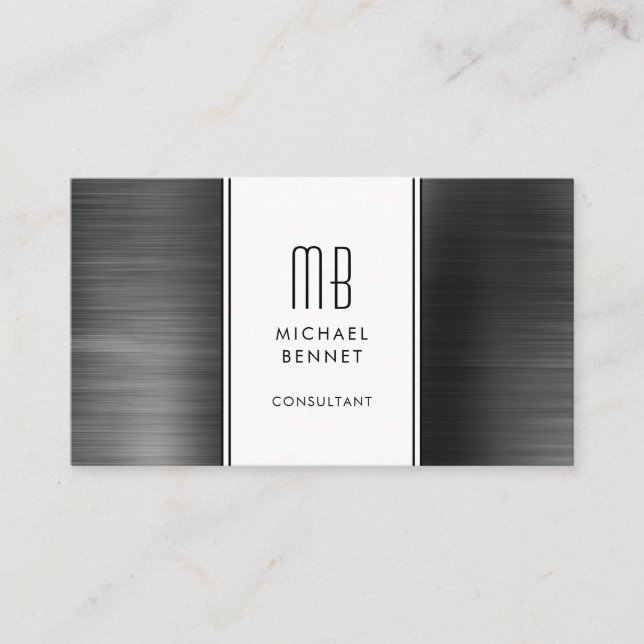 Monogrammed Black Metallic Foil Consultant Business Card (Front)