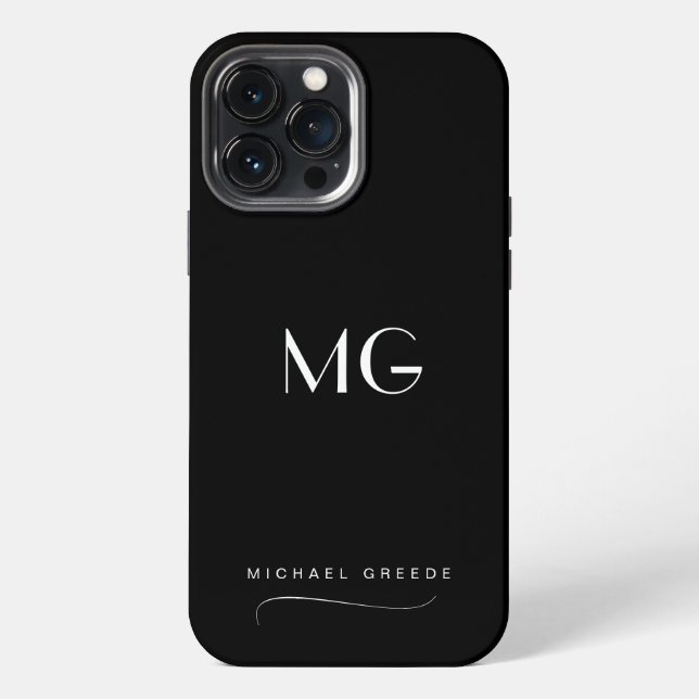 Monogrammed Black Minimalist With Name iPhone Case (Back)
