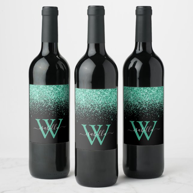 Monogrammed Black Mint Glitter Script Wine Label (Bottles)