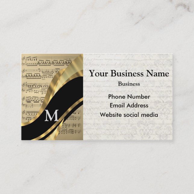 Monogrammed black musicians music sheet appointment card (Front)
