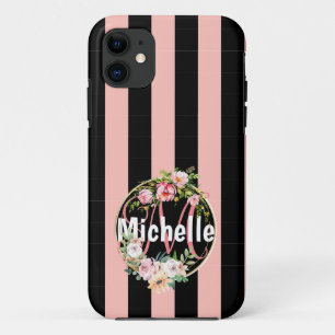 Monogrammed black pink stripes pattern with Flower Case-Mate iPhone Case