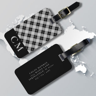 Monogrammed Black Plaid Modern Simple Initials Luggage Tag