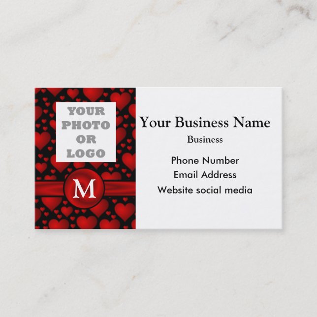 Monogrammed black, red heart pattern company logo business card (Front)