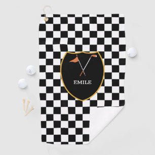 Monogrammed Black White Checks & golf club & flag Golf Towel