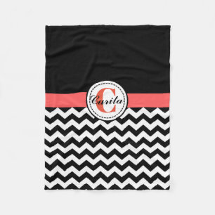 Monogrammed Black/White Chevron Fleece Blanket