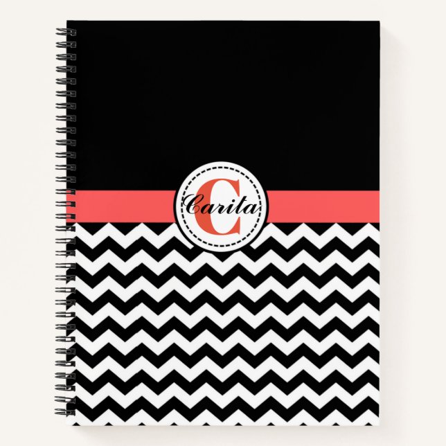Monogrammed Black/White Chevron Spiral Notebook (Front)