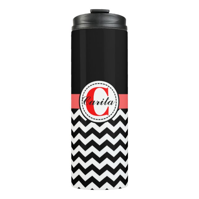 Monogrammed Black/White Chevron Thermal Tumbler (Front)