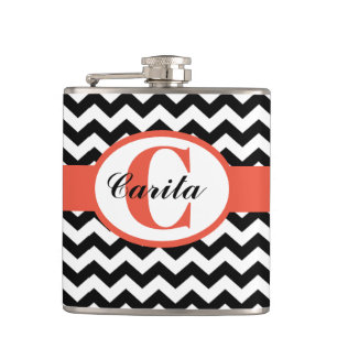 Monogrammed Black/White Chevron Vinyl Flask
