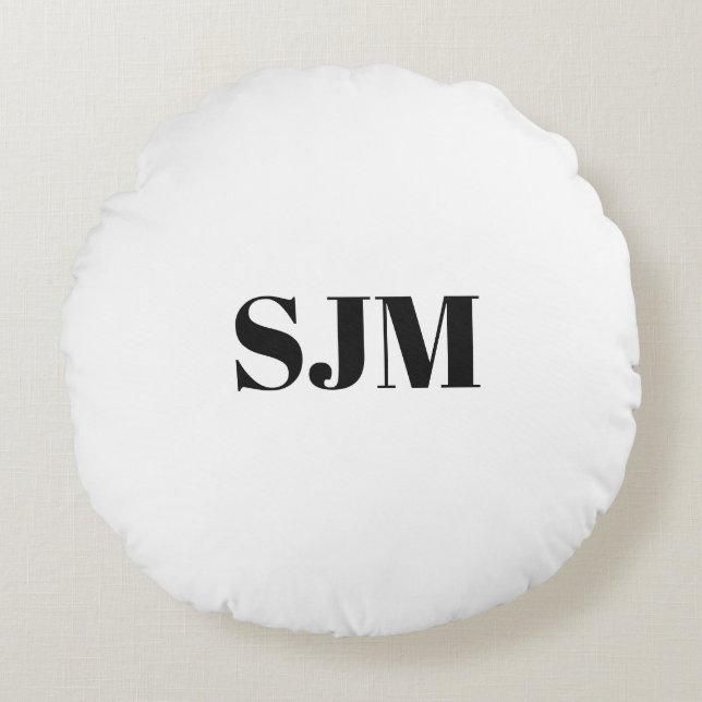 Monogrammed black white custom initials minimalist round cushion (Front)