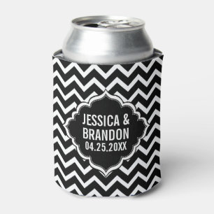 Monogrammed Black & White Geometric Zigzag Chevron Can Cooler