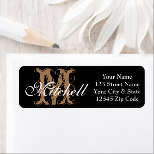 Monogrammed Black White gold return address labels