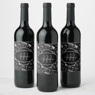 Monogrammed Black & White Instruments Pattern Wine Label