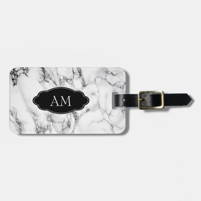 Monogrammed Black White Marble Stone Pattern Luggage Tag (Front Horizontal)