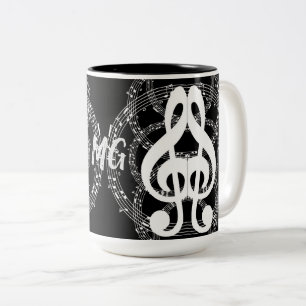 Monogrammed Black & White Mirror Image Music Two-Tone Coffee Mug