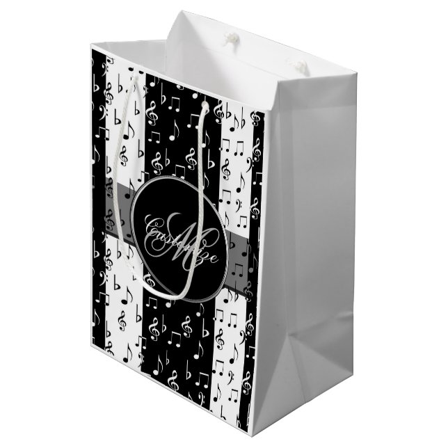 Monogrammed Black & White Musical Stripes  2 Medium Gift Bag (Front Angled)