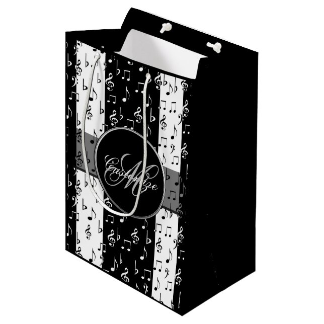 Monogrammed Black & White Musical Stripes Medium Gift Bag (Front Angled)