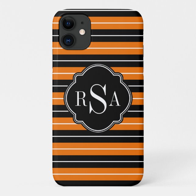 Monogrammed Black White Orange Striped Pattern Case-Mate iPhone Case (Back)