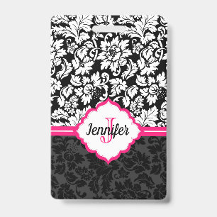 Monogrammed Black White & Pink Damask ID Badge