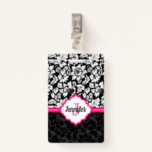 Monogrammed Black White & Pink Damask ID Badge
