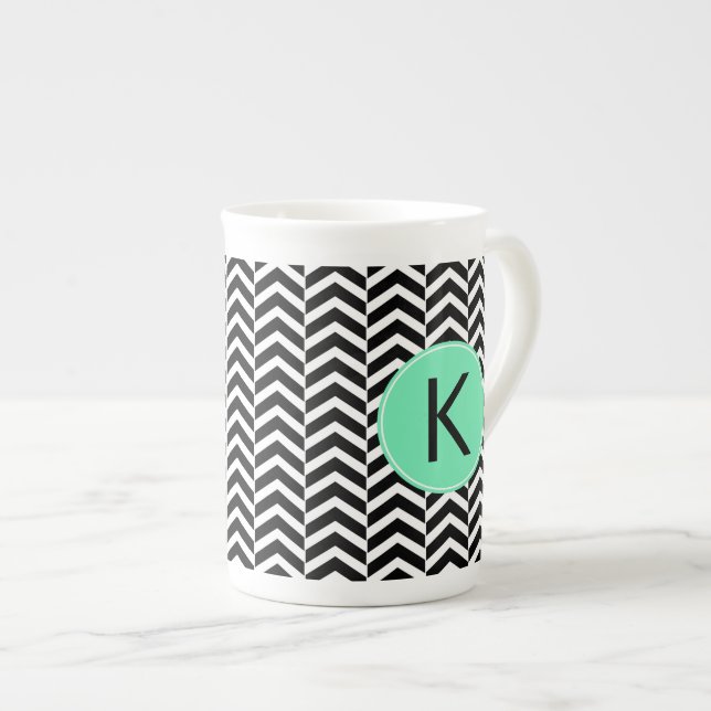 Monogrammed Black, White Sea Foam Chevron Pattern Bone China Mug (Front Right)