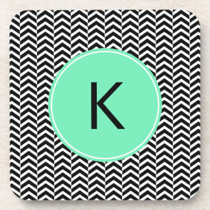 Monogrammed Black, White Sea Foam Chevron Pattern Coaster