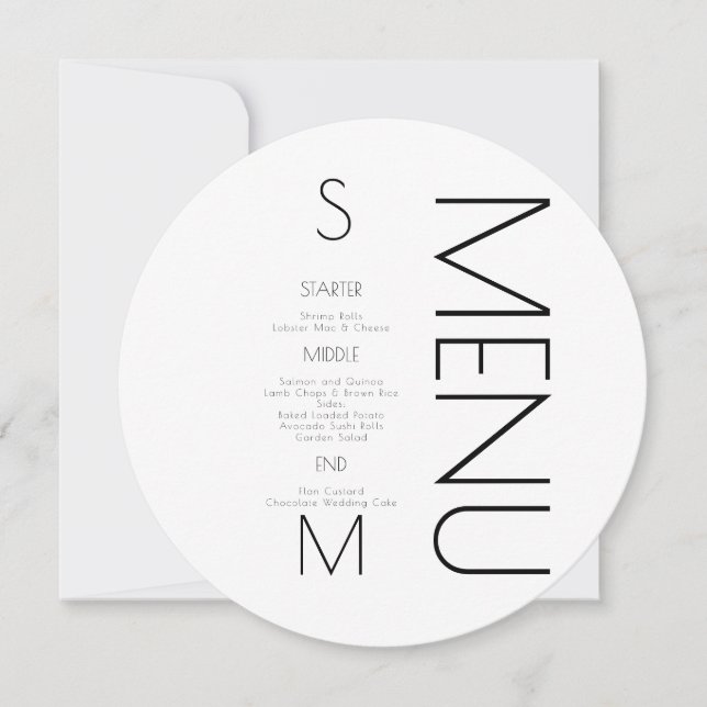 Monogrammed  Black White Simple Wedding Menu (Front)