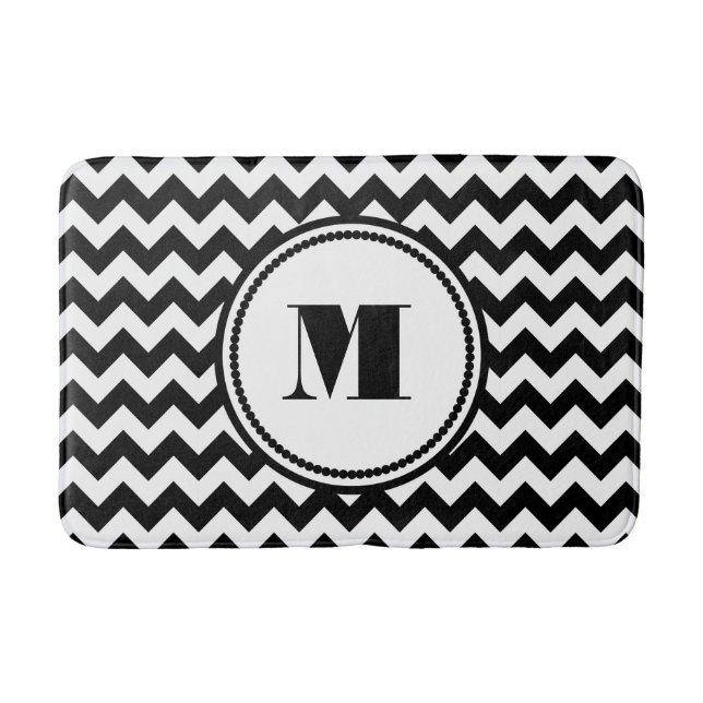 Monogrammed Black White Striped Chevron Pattern Bath Mat (Front)