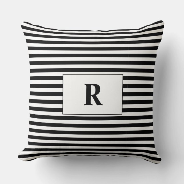 Monogrammed Black/White Stripes Cushion (Front)
