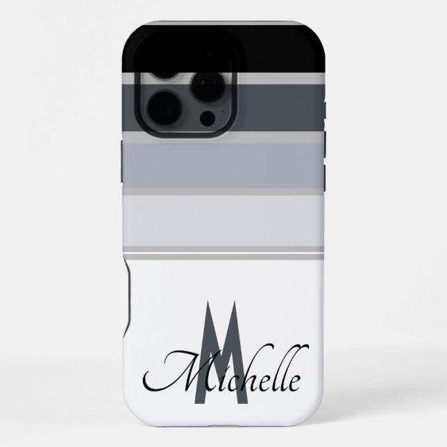 Monogrammed Black & White Stripes Custom Name iPhone Case (Back)