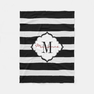 Monogrammed Black & White Stripes  Fleece Blanket