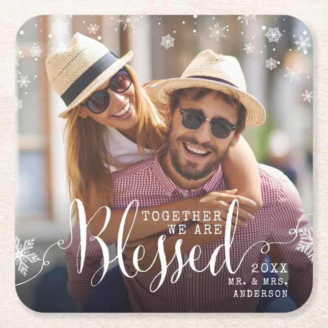 Monogrammed Blessed Together Photo Winter Holidays Square Paper Coaster (Front)