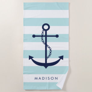 Monogrammed Blue Anchor on Light Blue Stripes Beach Towel