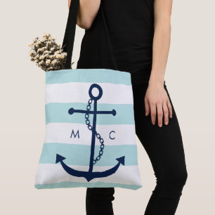 Monogrammed Blue Anchor on Mint Stripes Tote Bag
