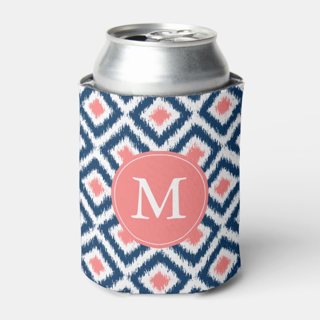 Monogrammed Blue and Coral Ikat Pattern Can Cooler (Can Front)