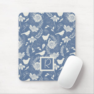 Monogrammed Blue and Cream Birds and Blossoms Mouse Pad